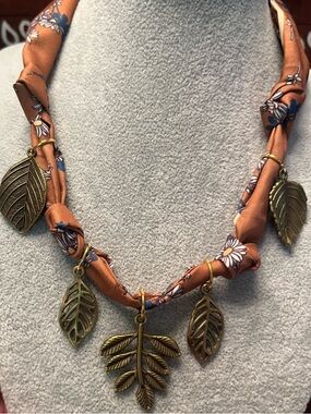 15% OFF! Boho Charm Necklace, Tan & Cream Scarf, Forest Charms, Western Country